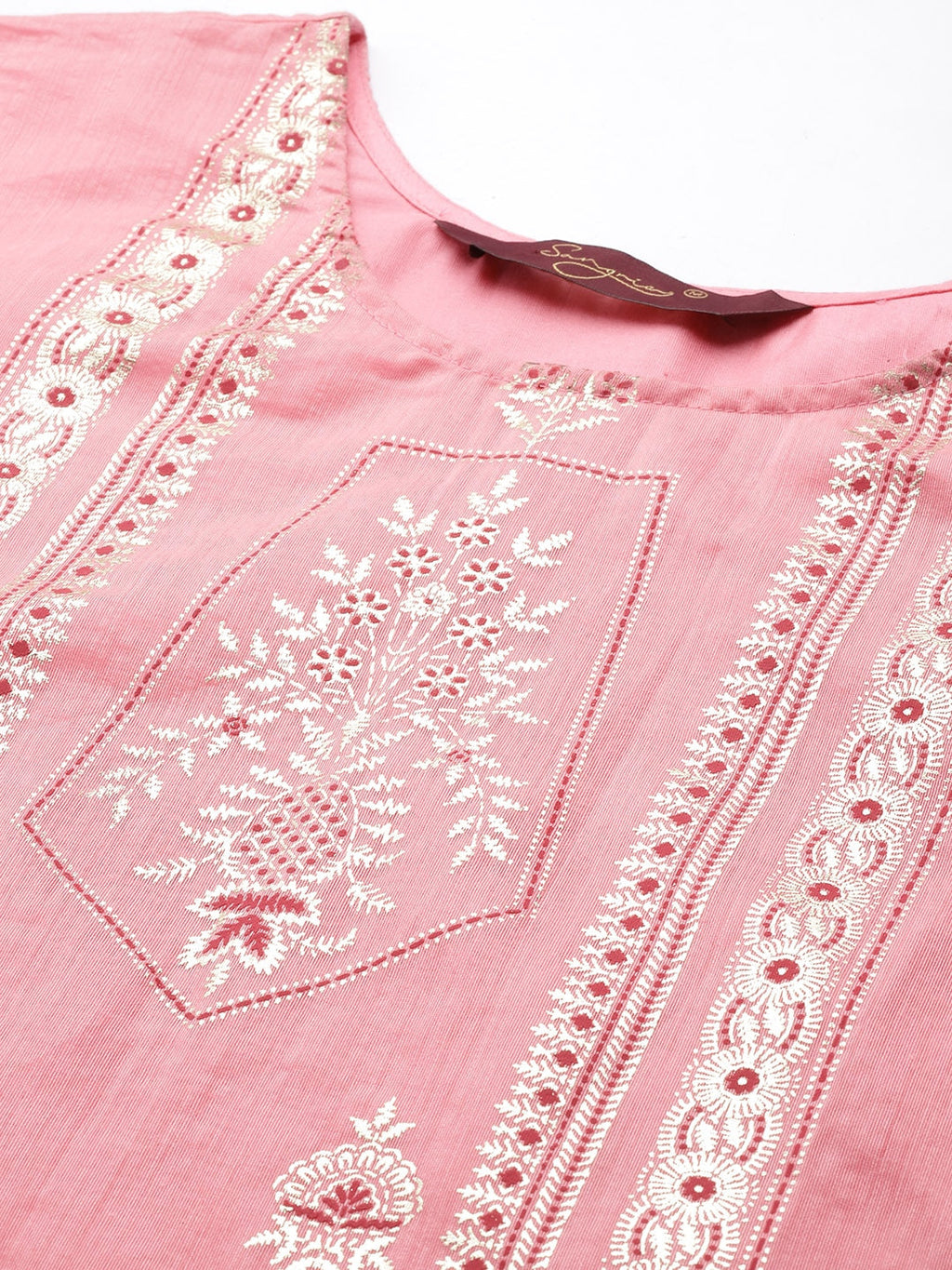 Sangria Women Pink Ethnic Motifs Printed Chanderi Cotton Kurta with Trousers & With Dupatta | Grocsy