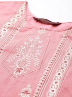 Sangria Women Pink Ethnic Motifs Printed Chanderi Cotton Kurta with Trousers & With Dupatta | Grocsy