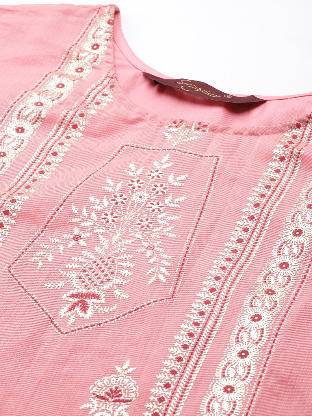 Sangria Women Pink Ethnic Motifs Printed Chanderi Cotton Kurta with Trousers & With Dupatta | Grocsy