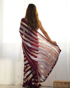 Wine Georgette Sequance Embroidery Work Border Saree - Sitare | Grocsy