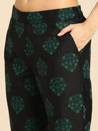 All About You Women Black Floral Yoke Design Regular Thread Work Kurta with Trousers | Grocsy