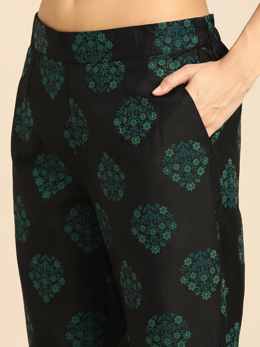 All About You Women Black Floral Yoke Design Regular Thread Work Kurta with Trousers | Grocsy