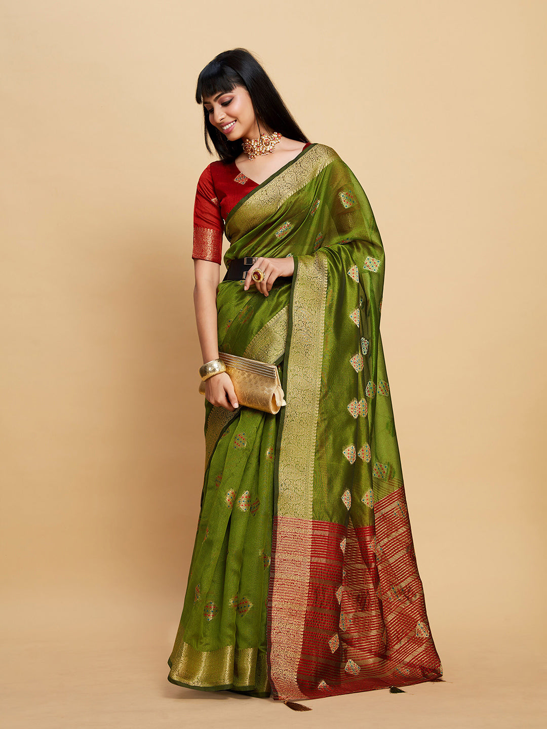 Sangria Green Ethnic Motifs Woven Design Zari Organza Saree | Grocsy