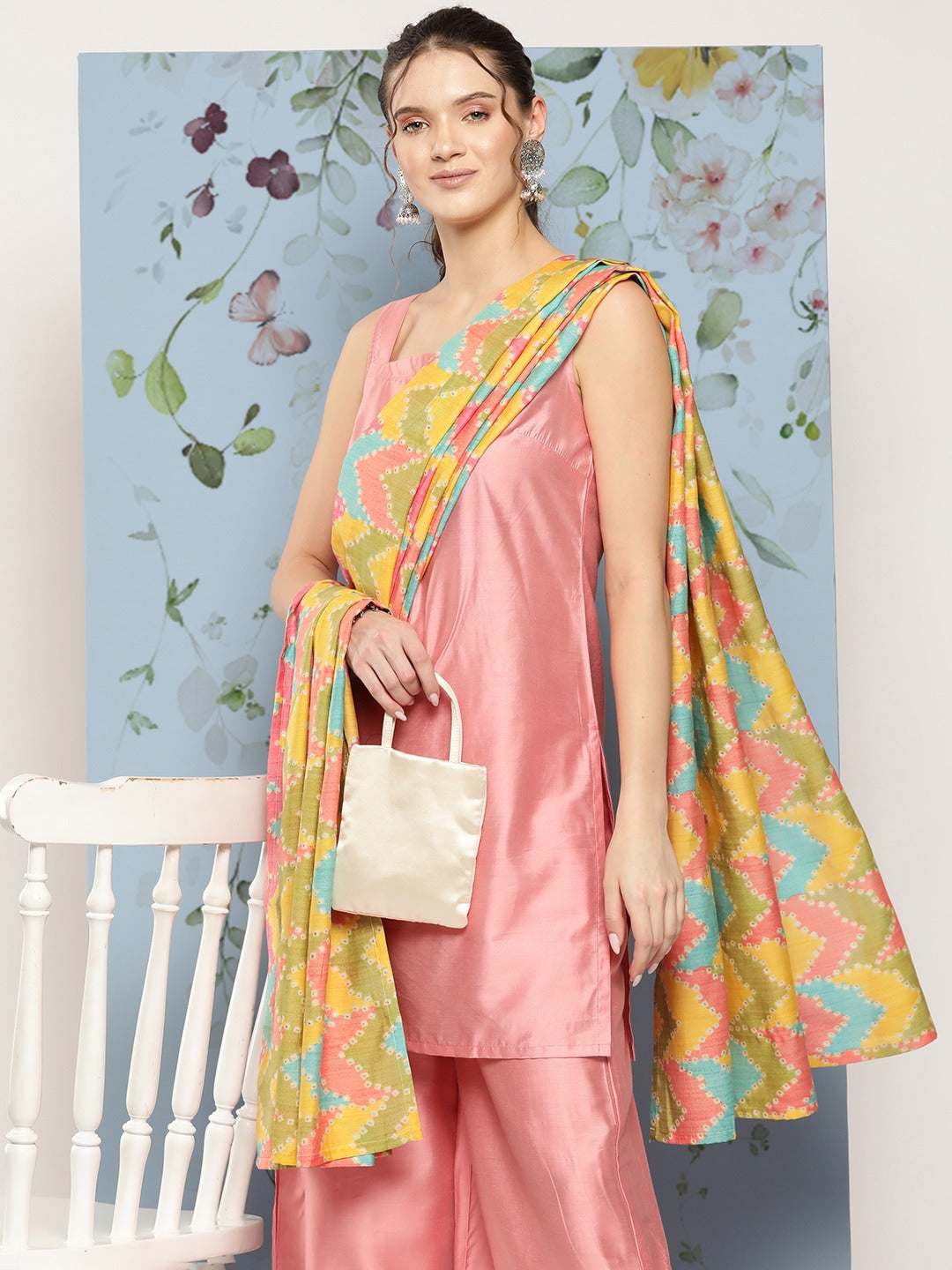 HERE&NOW Shoulder Straps Solid Straight Kurta with Palazzos & Printed Dupatta | Grocsy
