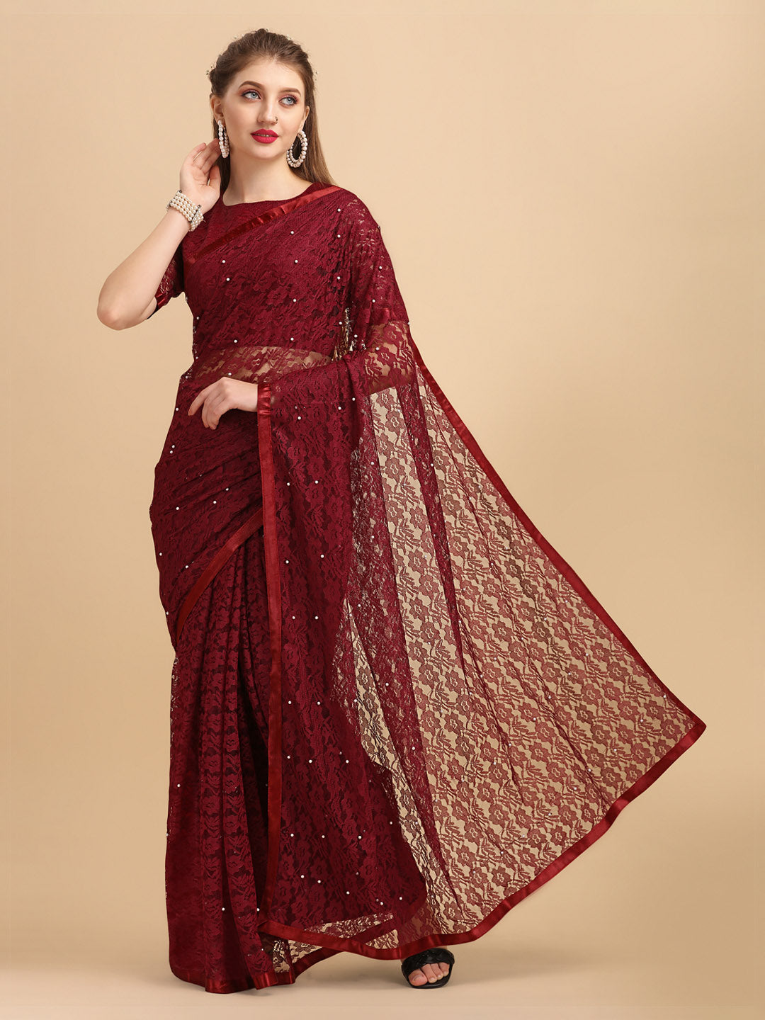 Sangria Maroon Floral Self Design Lace Saree | Grocsy