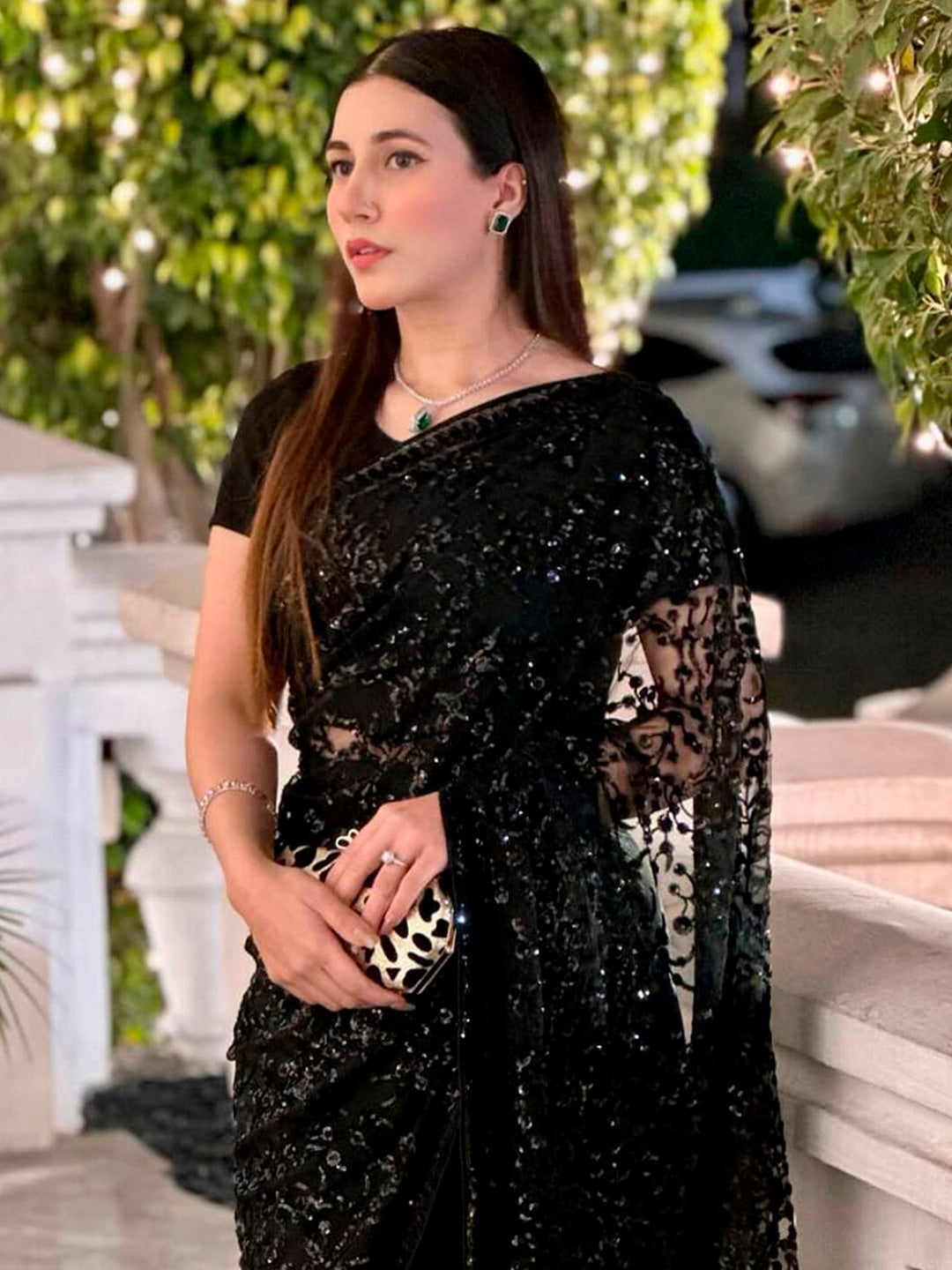 Sangria Embellished Sequinned Pure Georgette Saree | Grocsy