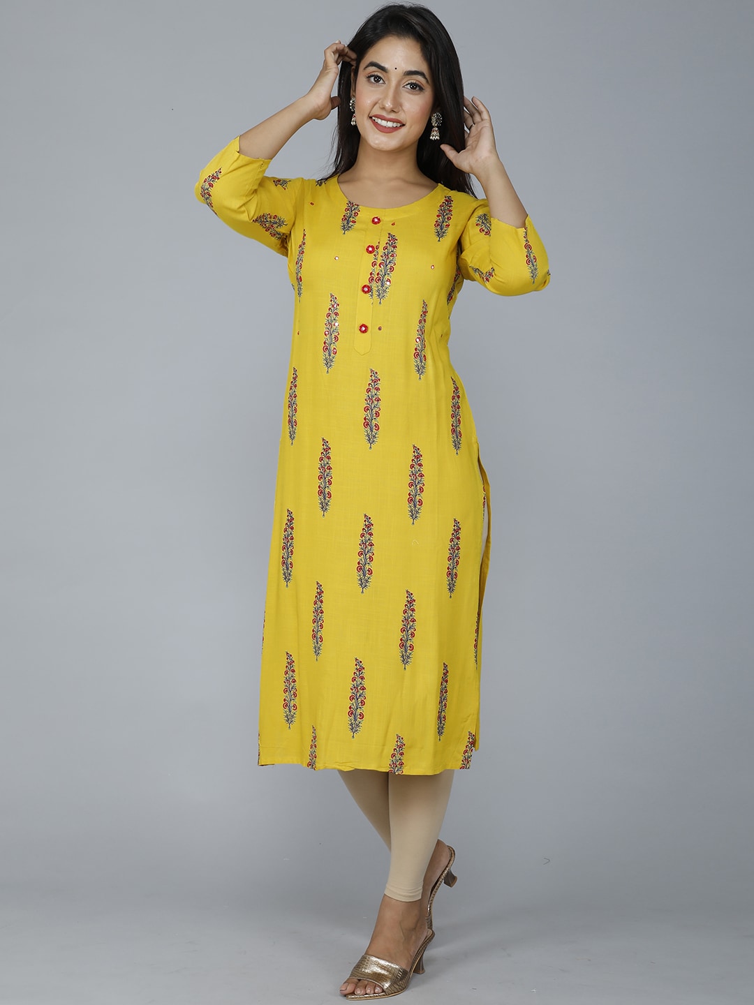 HERE&NOW Women Mustard Yellow Floral Mirror Work Floral Kurta | Grocsy
