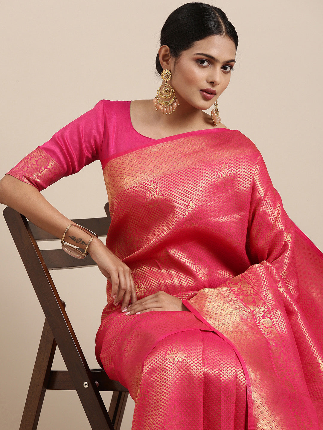 Saree Mall Pink Ethnic Motifs Zari Silk Blend Banarasi Saree | Grocsy