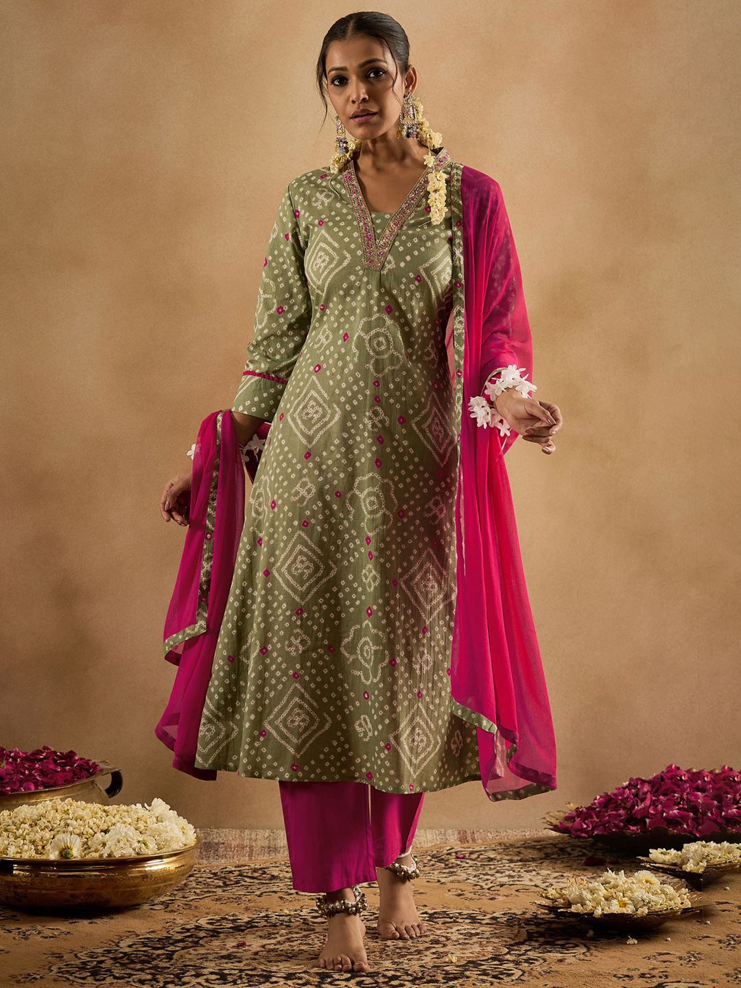 Indo Era Bandhani Printed Pure Cotton Kurta With Trousers & Dupatta | Grocsy