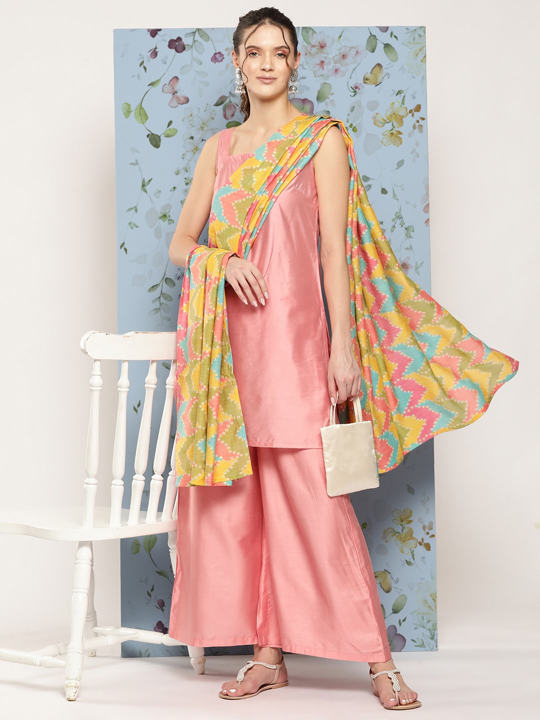 HERE&NOW Shoulder Straps Solid Straight Kurta with Palazzos & Printed Dupatta | Grocsy