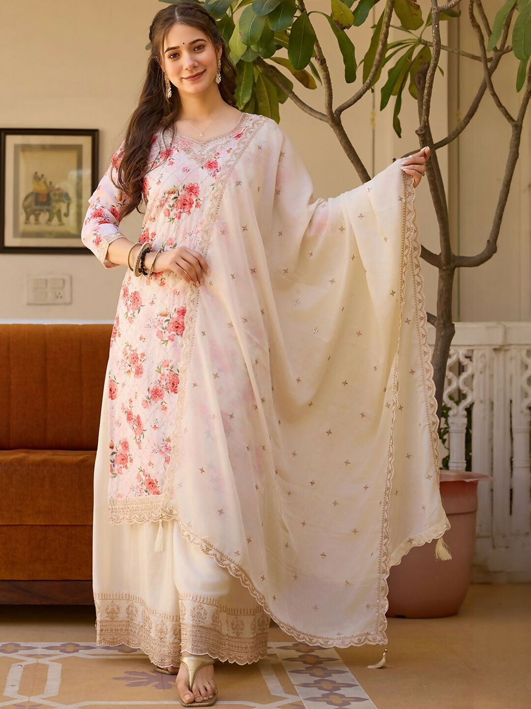 The52 White Women's Gorgeous Embroidered Chinon Fabric Straight Kurta Palazzo and Dupatta Set | Grocsy