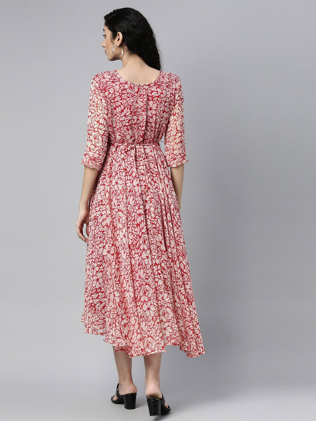 Souchii White & Red Floral Layered Chiffon Beautiful Midi Dress | Grocsy