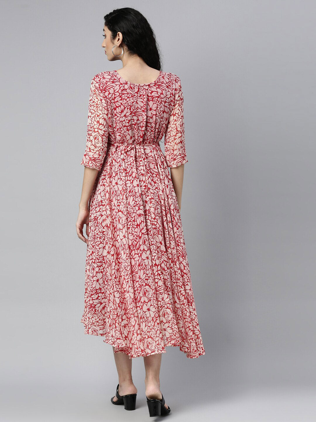 Souchii White & Red Floral Layered Chiffon Beautiful Midi Dress | Grocsy