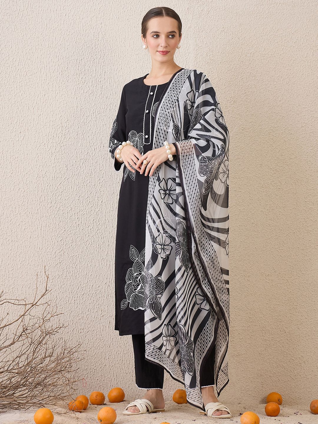 Indo Era Floral Embroidered Round Neck Sequinned Linen Kurta With Trousers & Dupatta | Grocsy