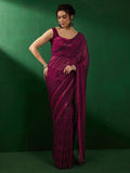 Sangria Striped Embellished Pure Georgette Saree | Grocsy