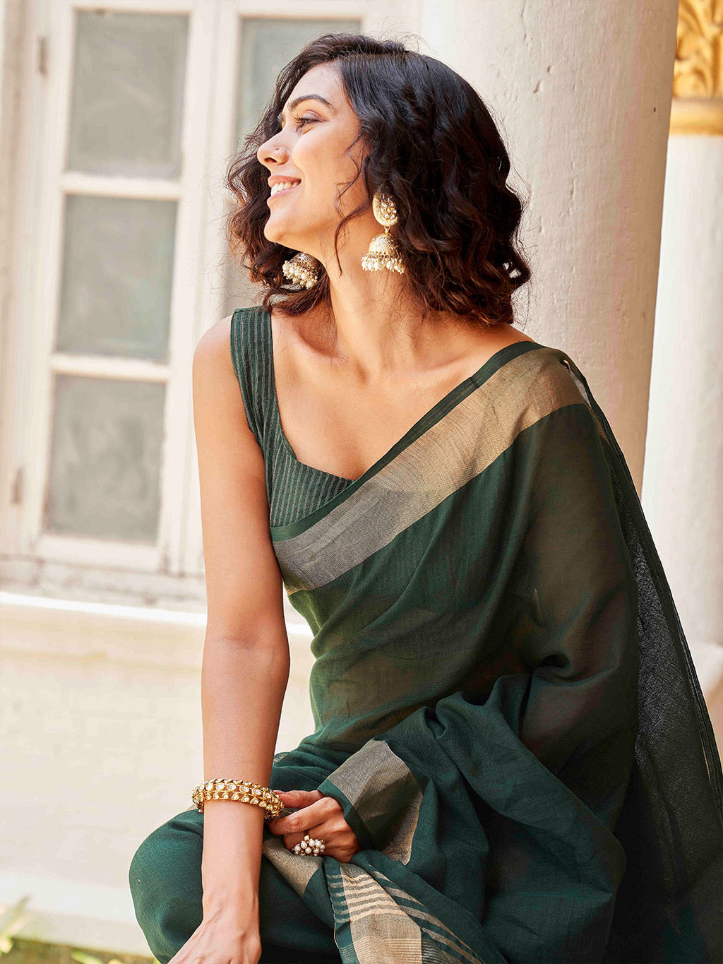 Tikhi Imli Green & Gold-Toned Polycotton Zari Ready to Wear Saree | Grocsy