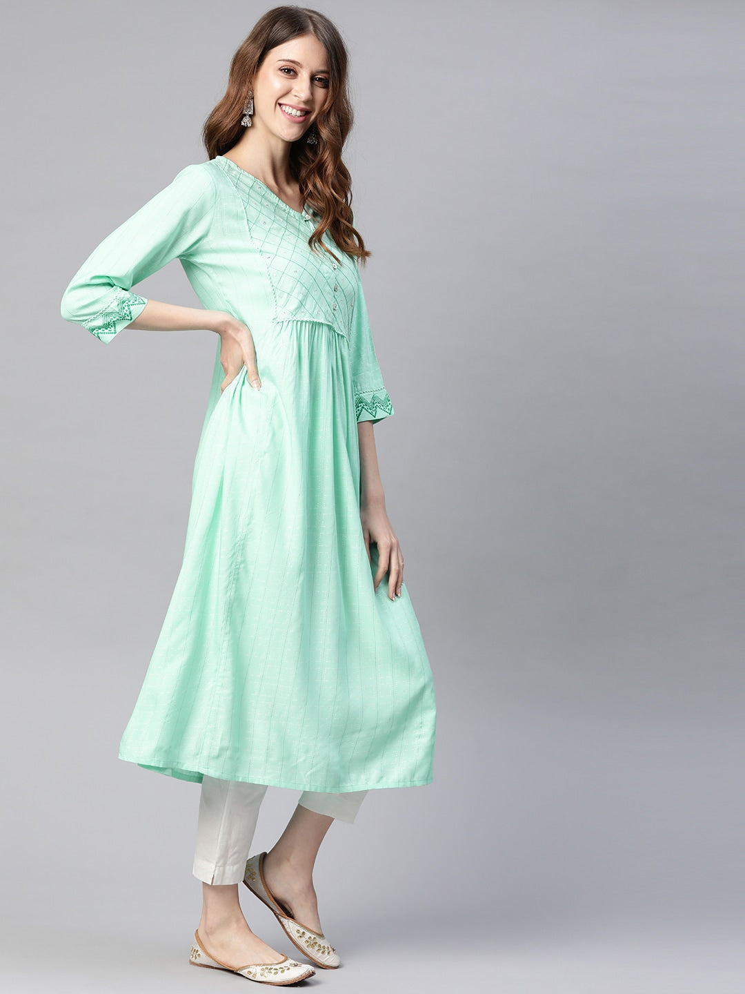 HERE&NOW Women Sea Green Yoke Design A-Line Kurta | Grocsy