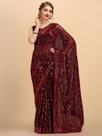 Sangria Burgundy Sequinned Pure Georgette Heavy Work Saree | Grocsy