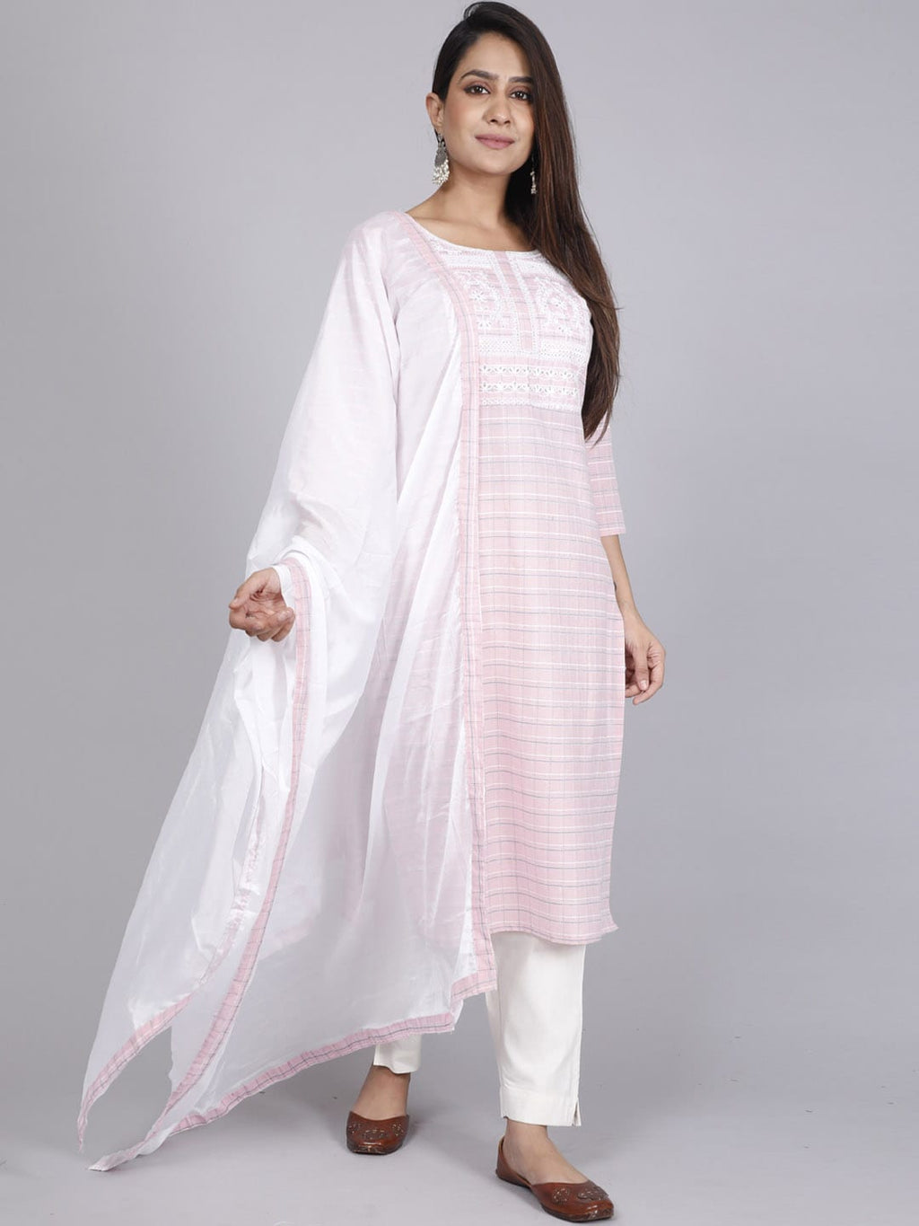 HERE&NOW Pink Embroidered Sequinned Pure Cotton Kurta with Trousers & With Dupatta | Grocsy
