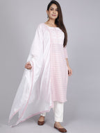 HERE&NOW Pink Embroidered Sequinned Pure Cotton Kurta with Trousers & With Dupatta | Grocsy