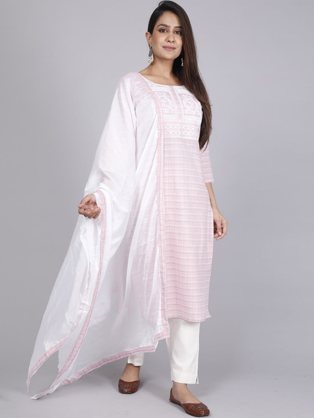 HERE&NOW Pink Embroidered Sequinned Pure Cotton Kurta with Trousers & With Dupatta | Grocsy