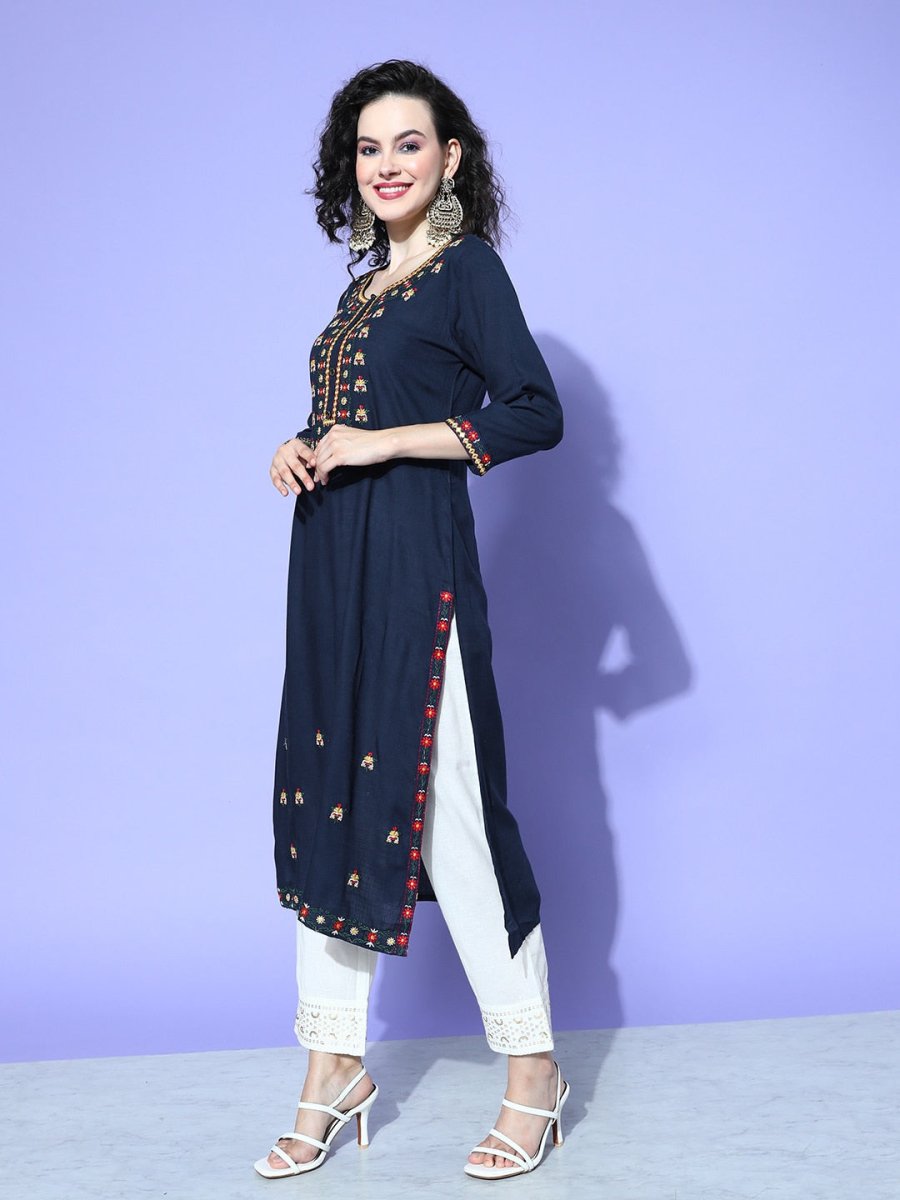 All About You Women Blue Embroidered Regular Mirror Work Liva Kurta with Trousers | Grocsy