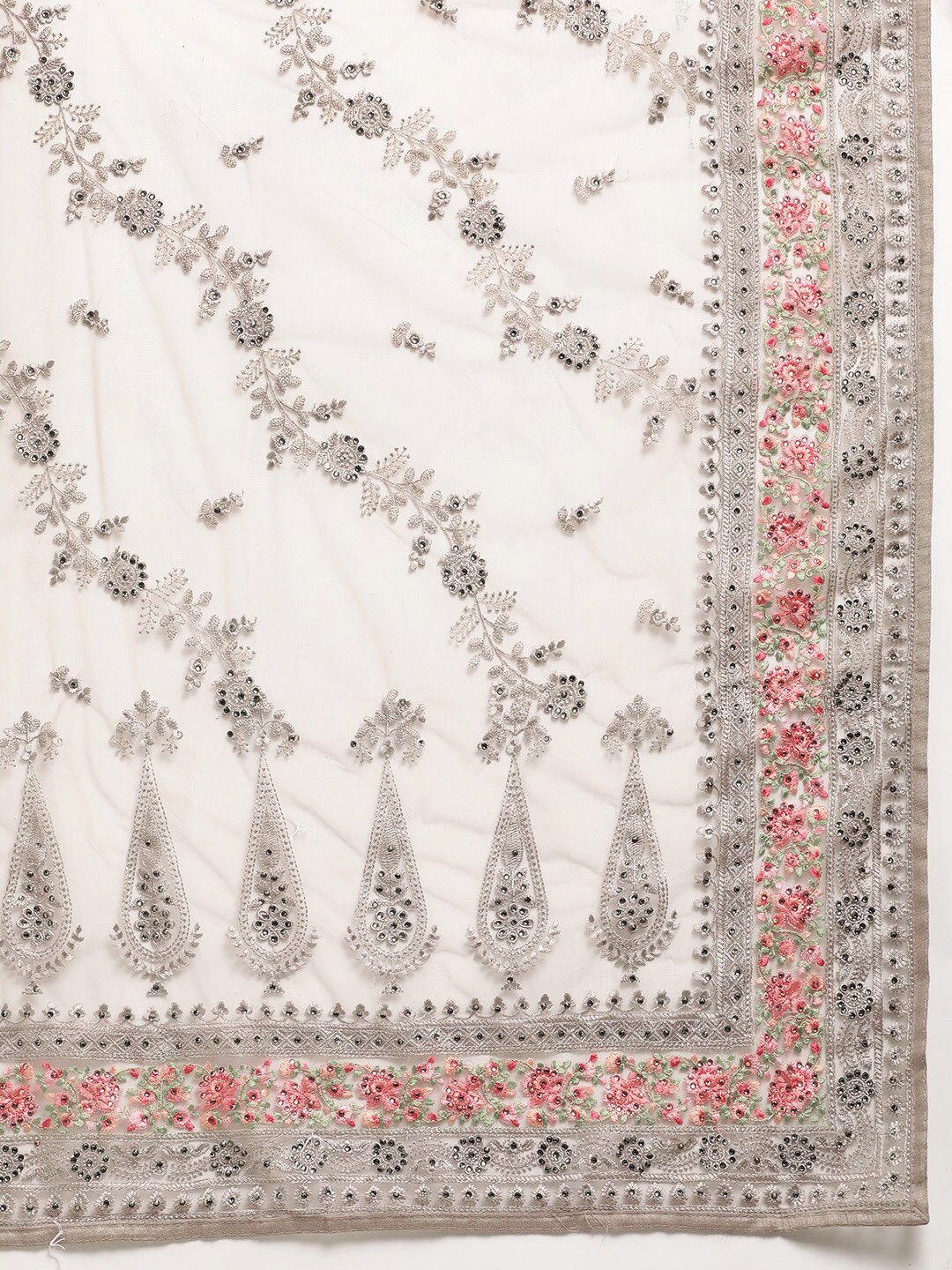 kasee Grey & Fuchsia Floral Embroidered Net Heavy Work Saree | Grocsy