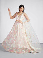 House of Panchhi Cream Net Sequins And Thread Embroidery Lehenga Choli & Dupatta | Grocsy