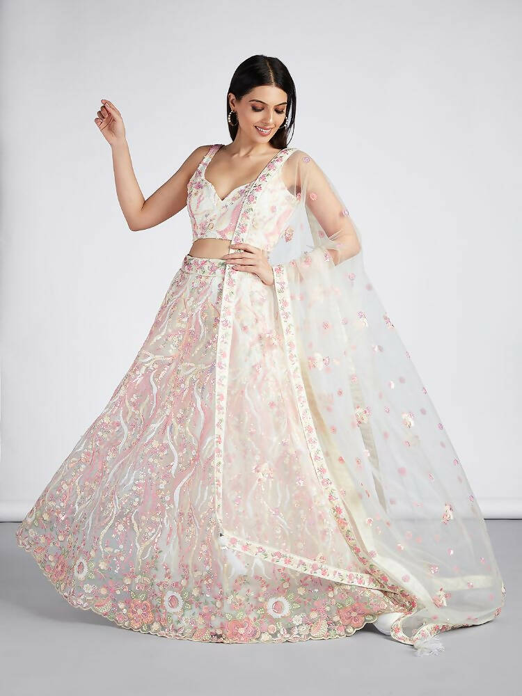 House of Panchhi Cream Net Sequins And Thread Embroidery Lehenga Choli & Dupatta | Grocsy