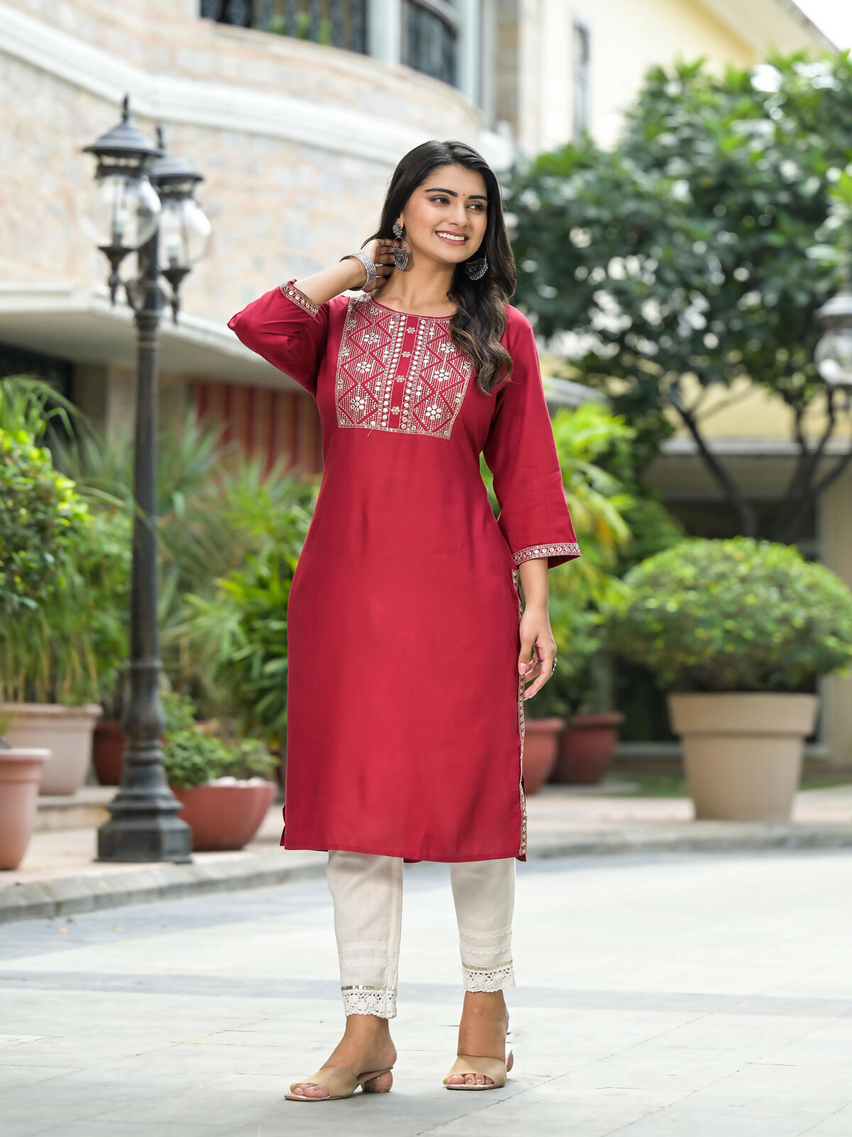Juniper Women's Maroon Solid Rayon Kurti With Mirror Work & Sequins | Grocsy