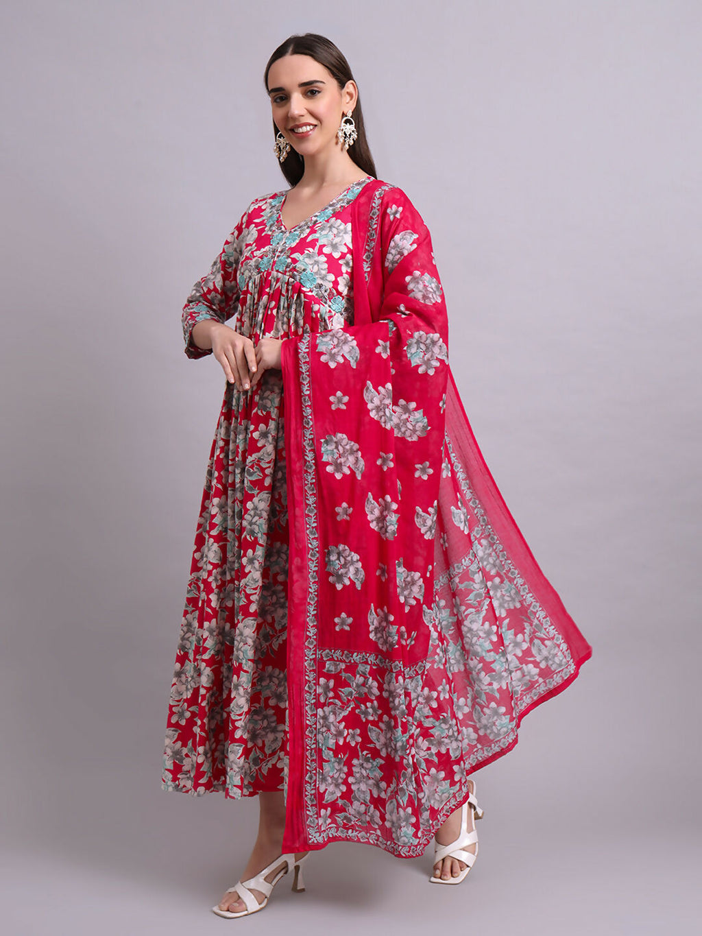 Joban Fashion Red Cotton Floral Printed & Embroidery Work Anarkali Dress With Dupatta Set | Grocsy