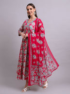 Joban Fashion Red Cotton Floral Printed & Embroidery Work Anarkali Dress With Dupatta Set | Grocsy