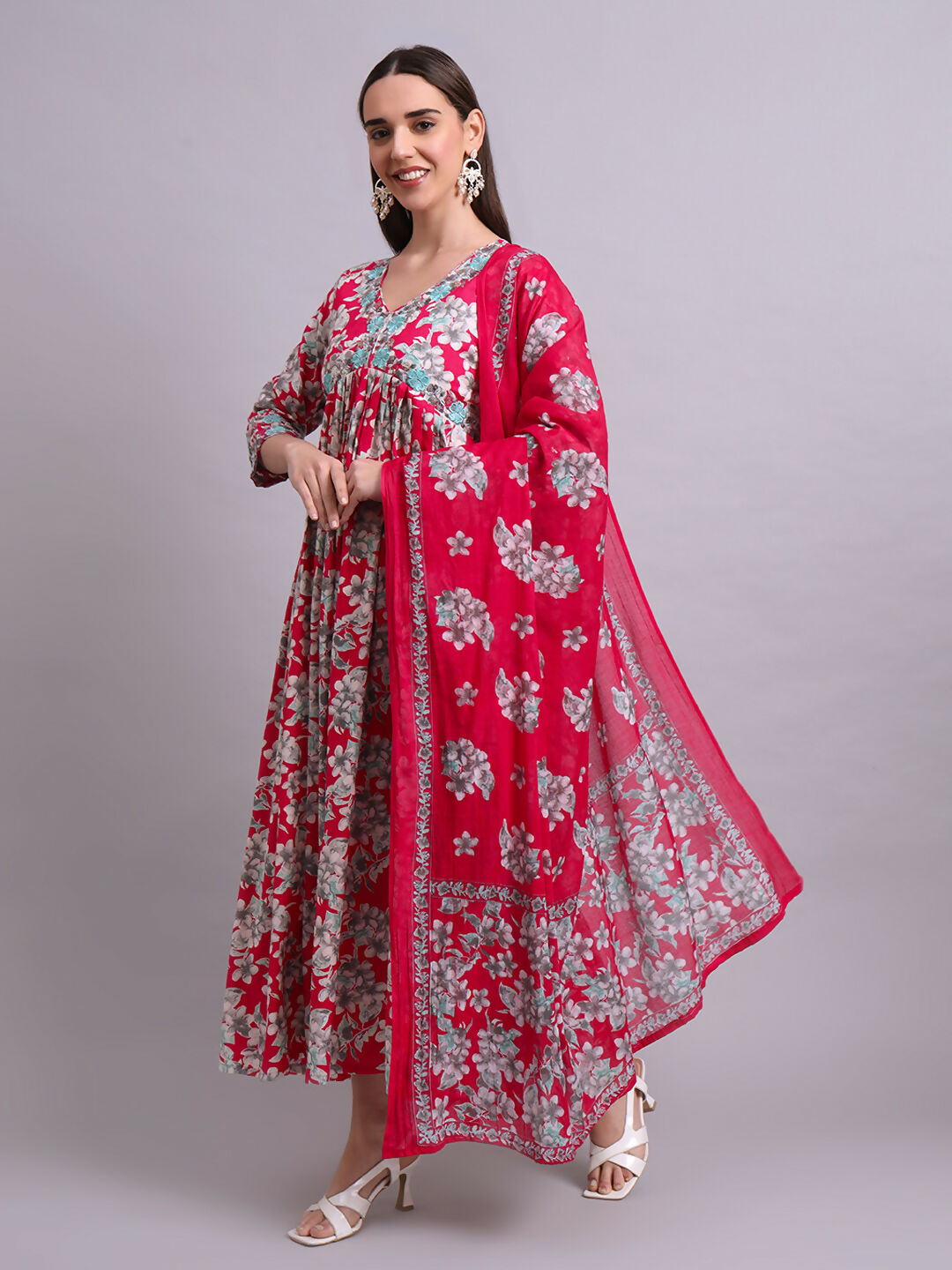 Joban Fashion Red Cotton Floral Printed & Embroidery Work Anarkali Dress With Dupatta Set | Grocsy