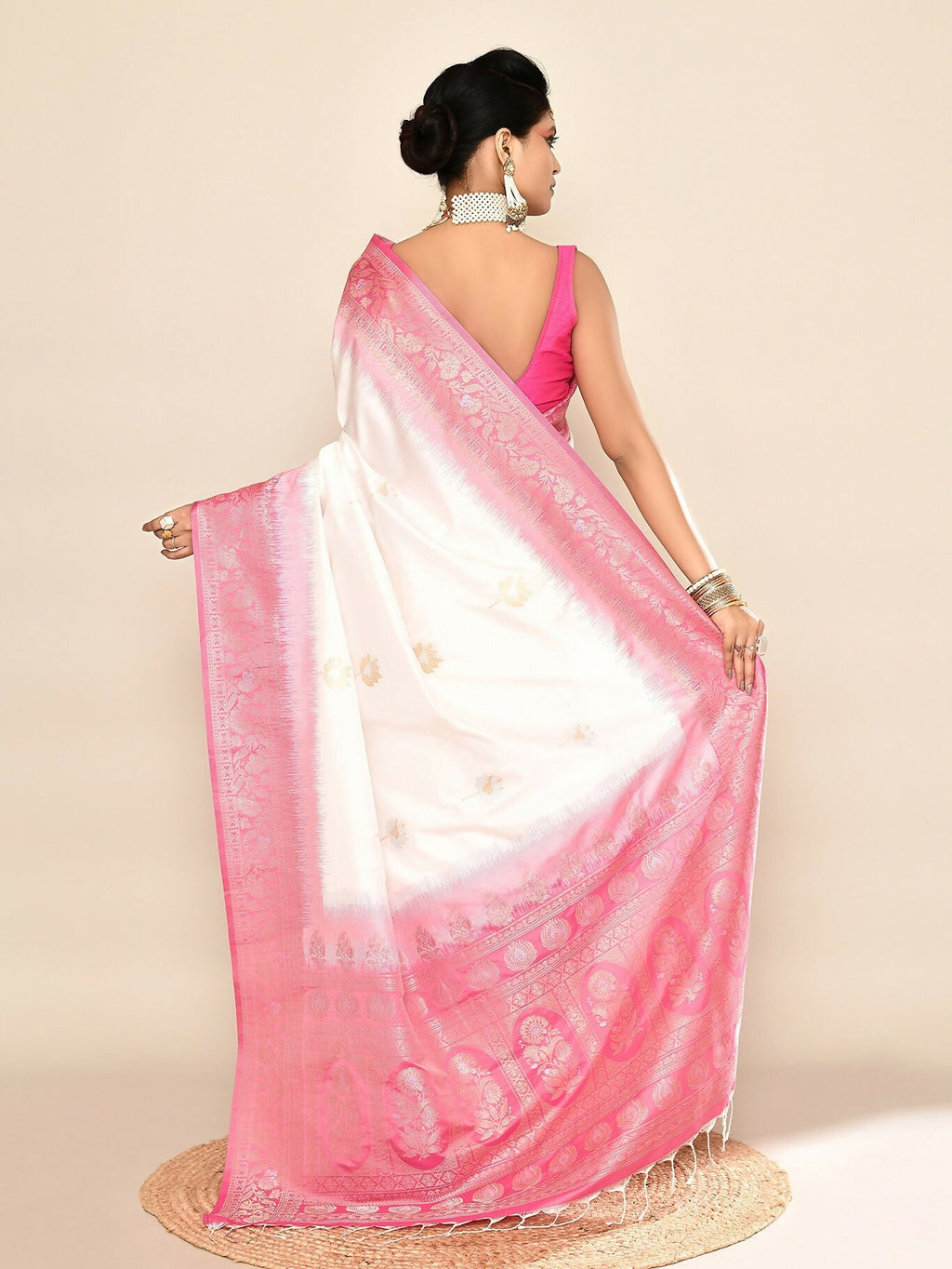Joban Fashion White & Rani Pink Plain With Weaving Border Banarasi Silk Sarees | Grocsy
