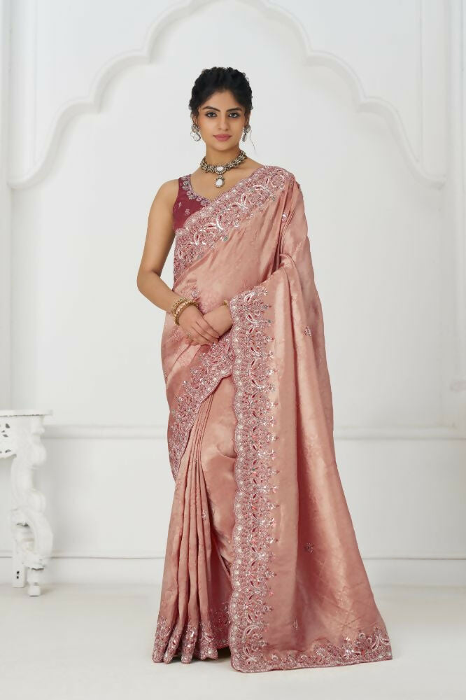 Kesar Fab Latest Pink Pure Dola Viscouse Silk With Sequins And Beads Embroidery For Brides Saree | Grocsy
