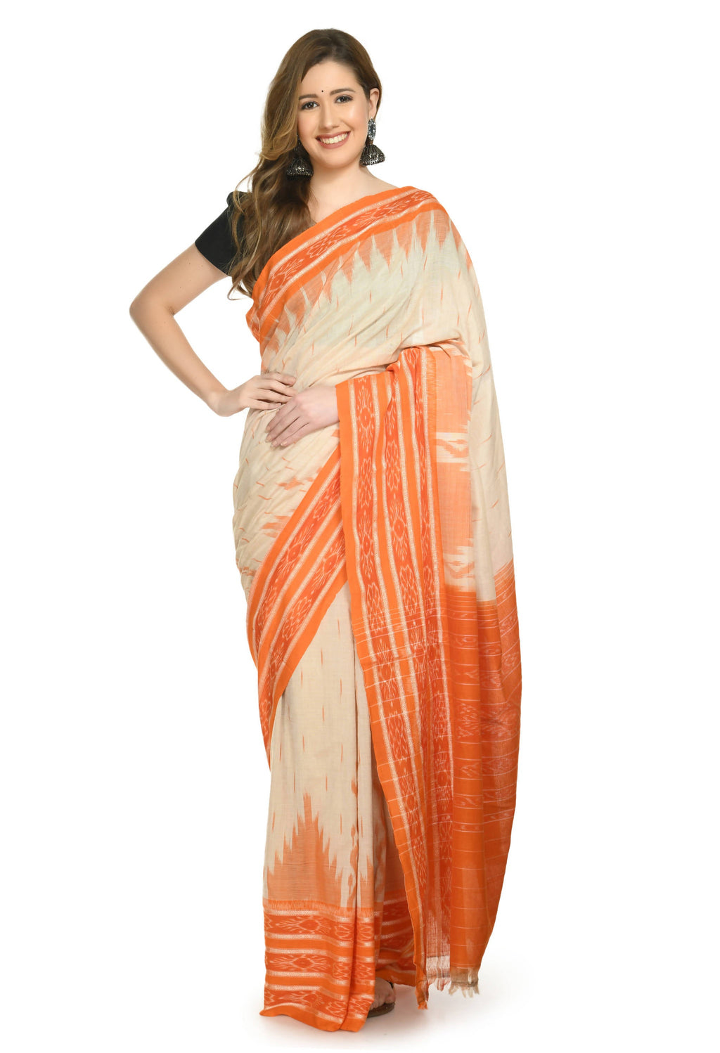 Vamika Sambalpuri Ikat Cotton Scot Dali Tasrite Orange Saree | Grocsy