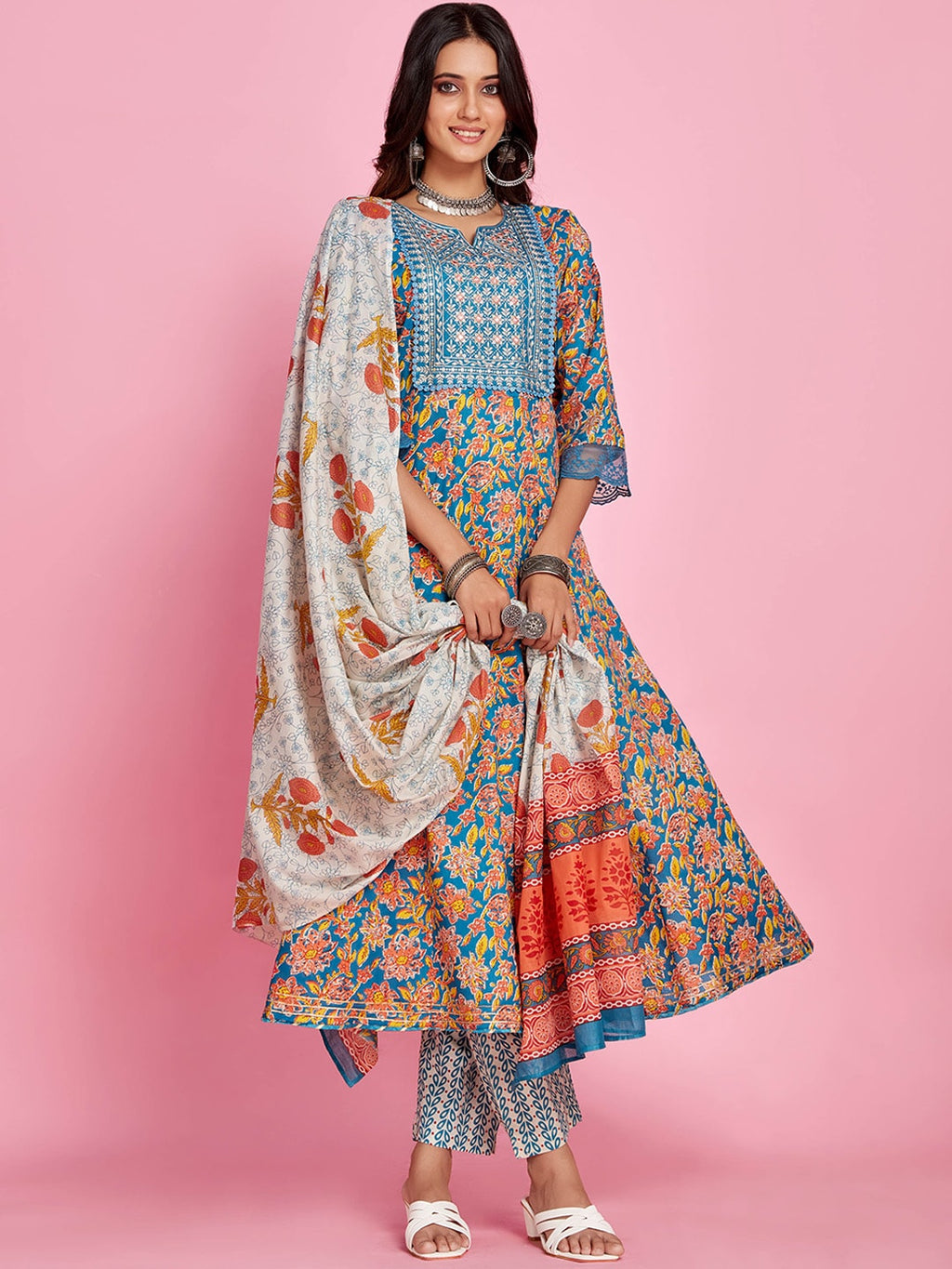 Sangria Blue Floral Printed Thread Work A-Line Kurta & Trouser With Dupatta | Grocsy