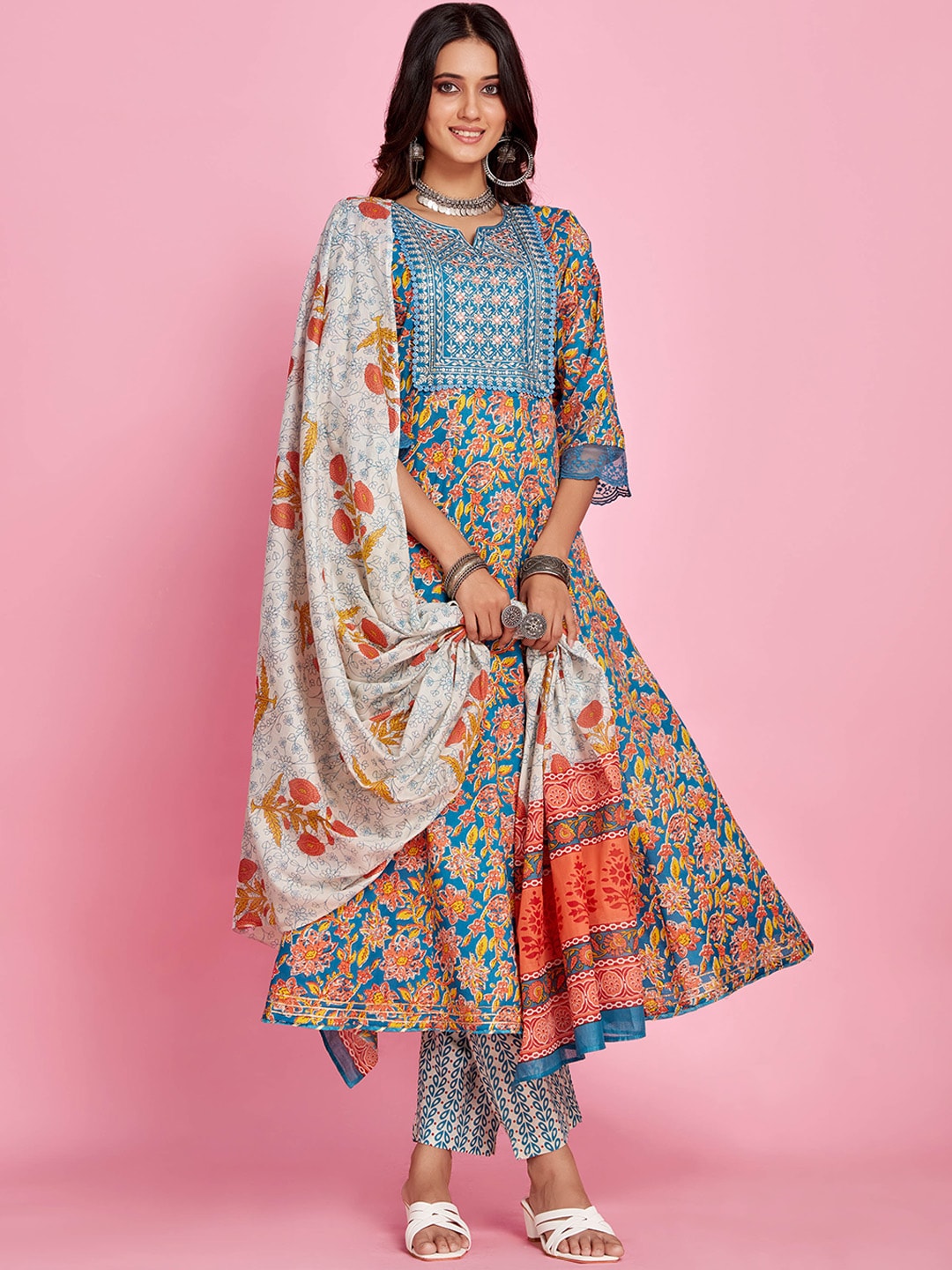 Sangria Blue Floral Printed Thread Work A-Line Kurta & Trouser With Dupatta | Grocsy