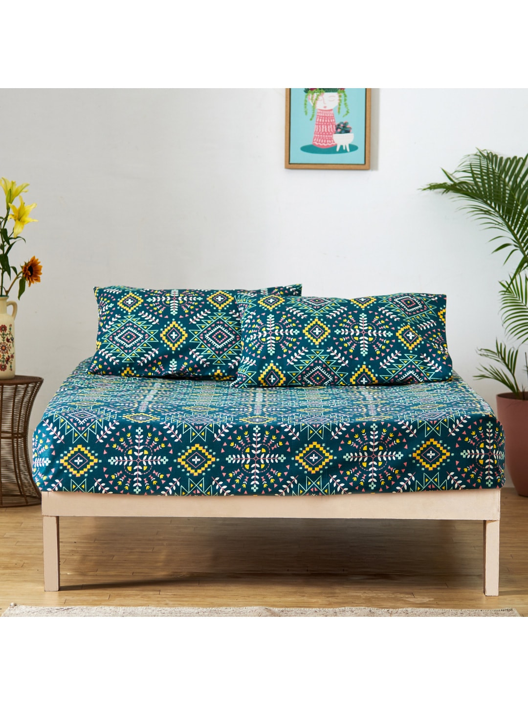 Chumbak Blue & Yellow Ethnic Motifs 136 TC Queen Bedsheet with 2 Pillow Covers | Grocsy