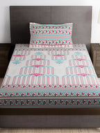 Story@home Grey & Pink Ethnic Motifs 180 TC Bedsheet with Pillow Cover | Grocsy