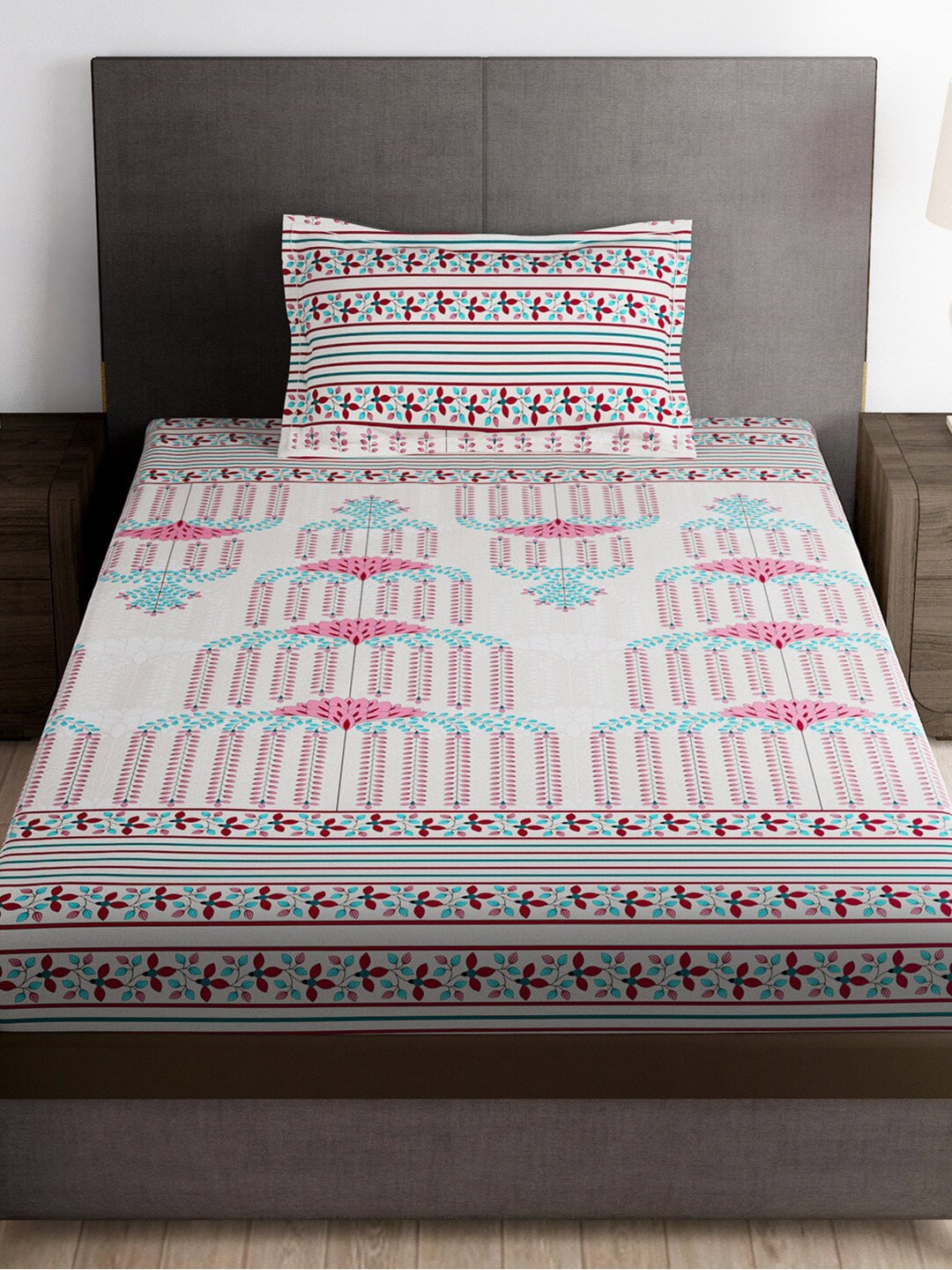 Story@home Grey & Pink Ethnic Motifs 180 TC Bedsheet with Pillow Cover | Grocsy