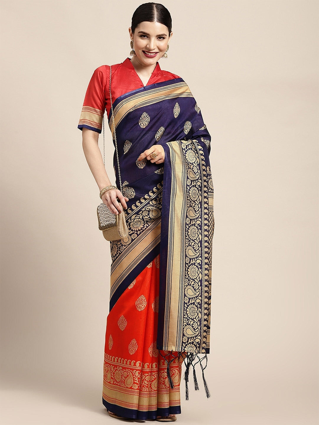 Saree Mall Ethnic Motifs Printed Half & Half Art Silk Sarees | Grocsy