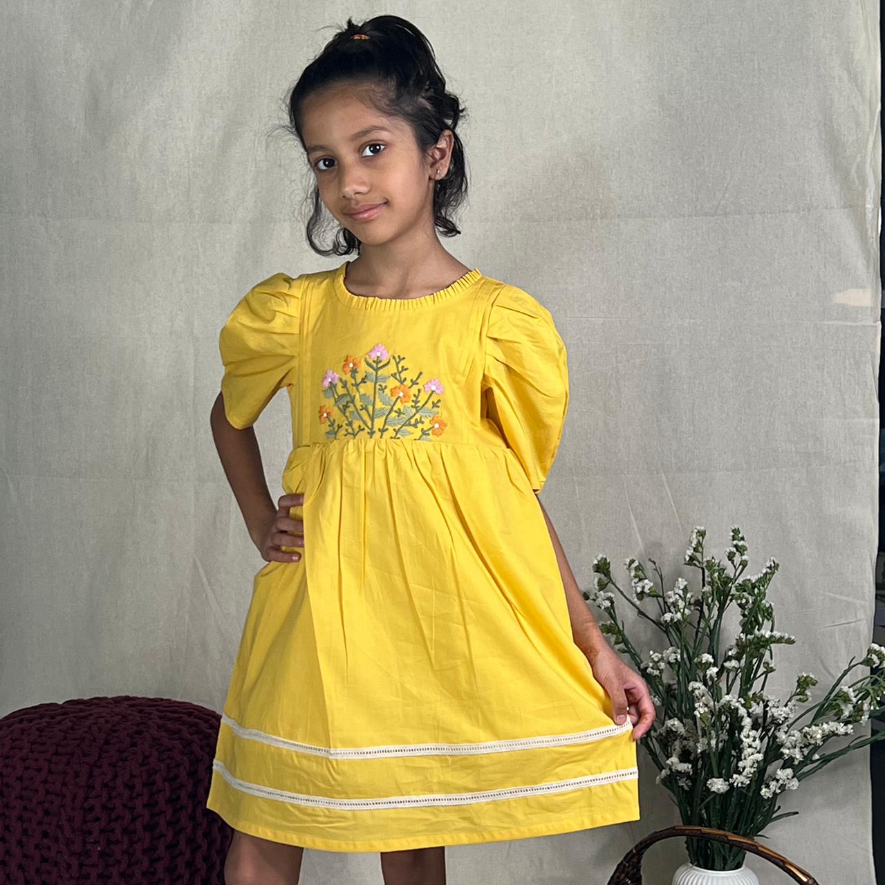 ArthLife Yellow Flower Embroidered Dress | Grocsy