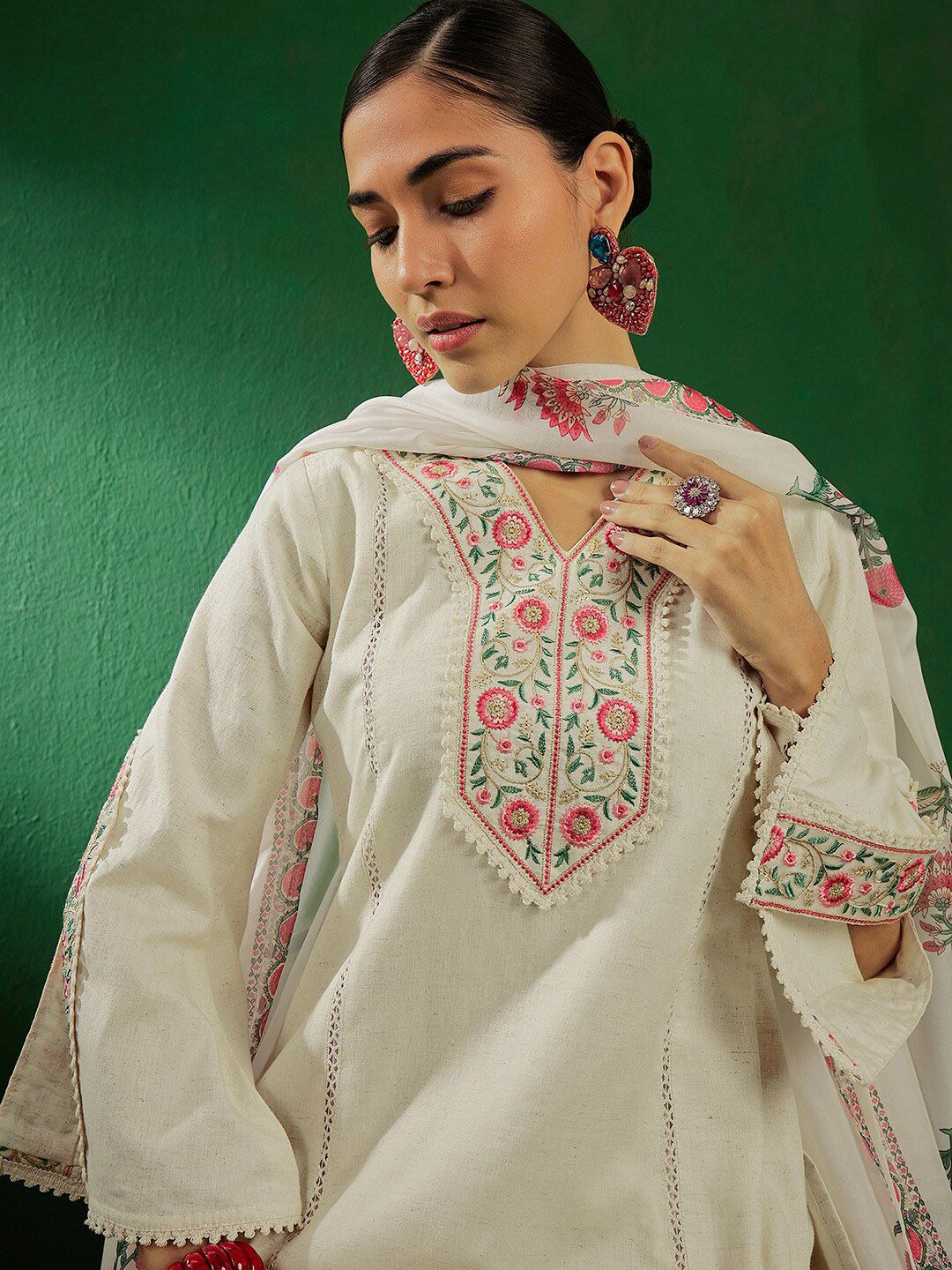 Sangria Off White Floral Embroidered Pure Cotton Kurta With Palazzo & Dupatta | Grocsy