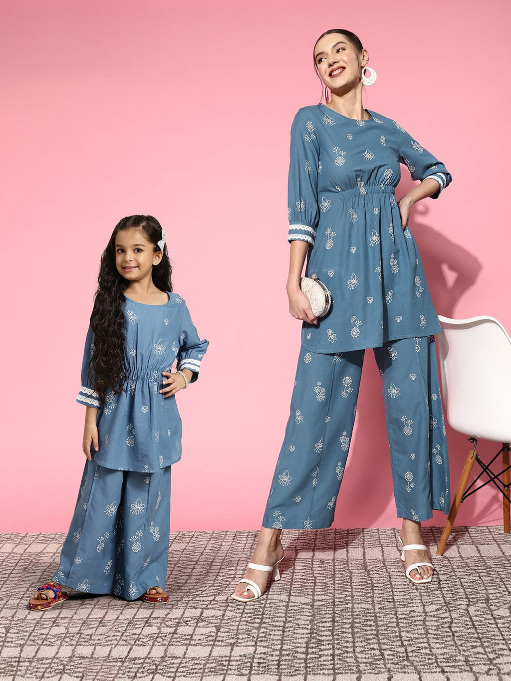 Sangria Women Blue Ethnic Motifs Printed Empire Pure Cotton Kurta with Palazzos | Grocsy