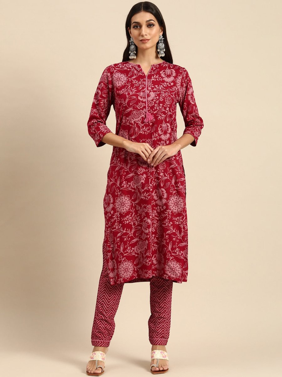 All About You Women Red Floral Printed Kurta with Trousers | Grocsy