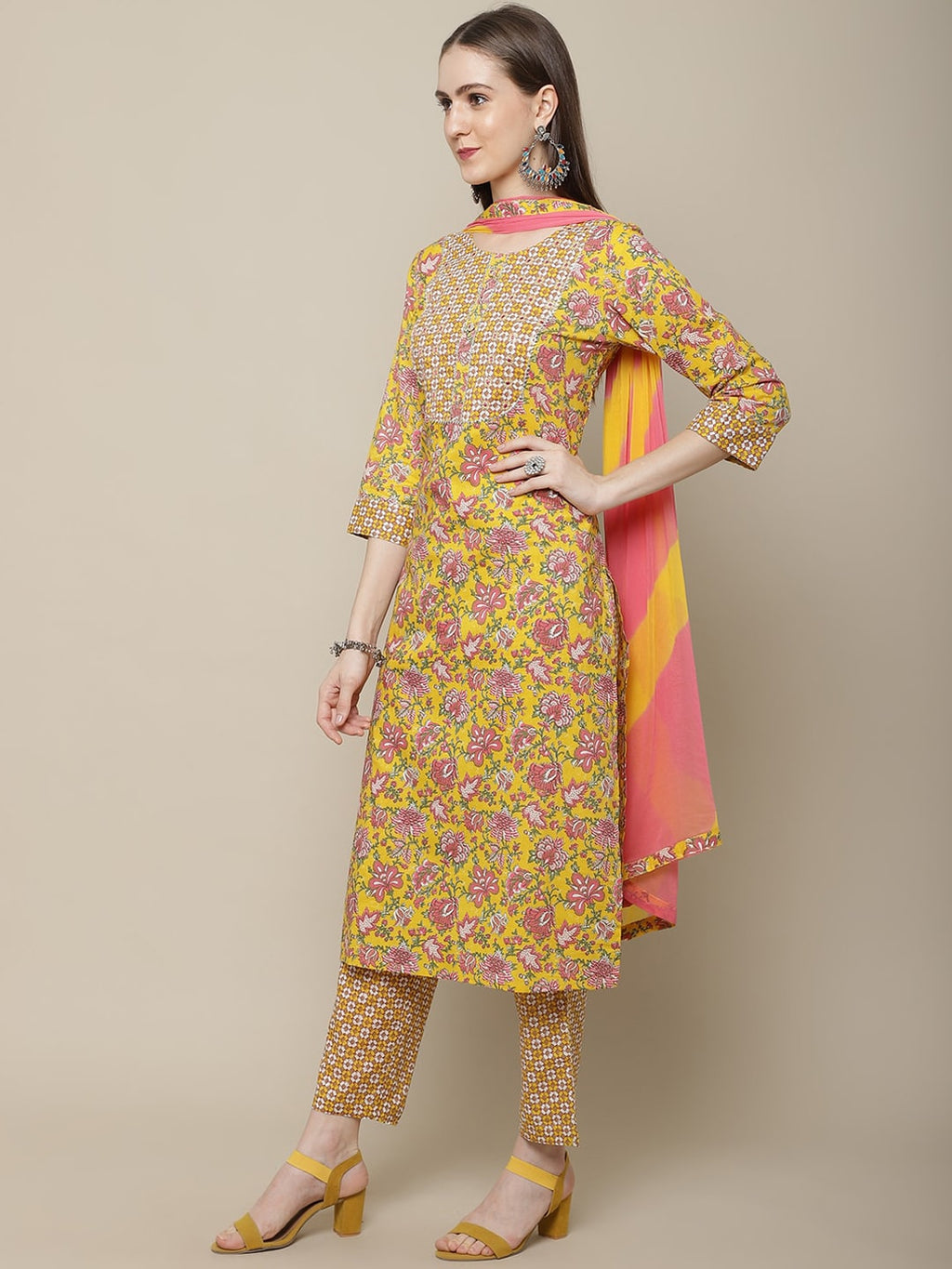 Sangria Women Yellow Printed Gotta Patti Pure Cotton Kurta with Trousers & Dupatta | Grocsy