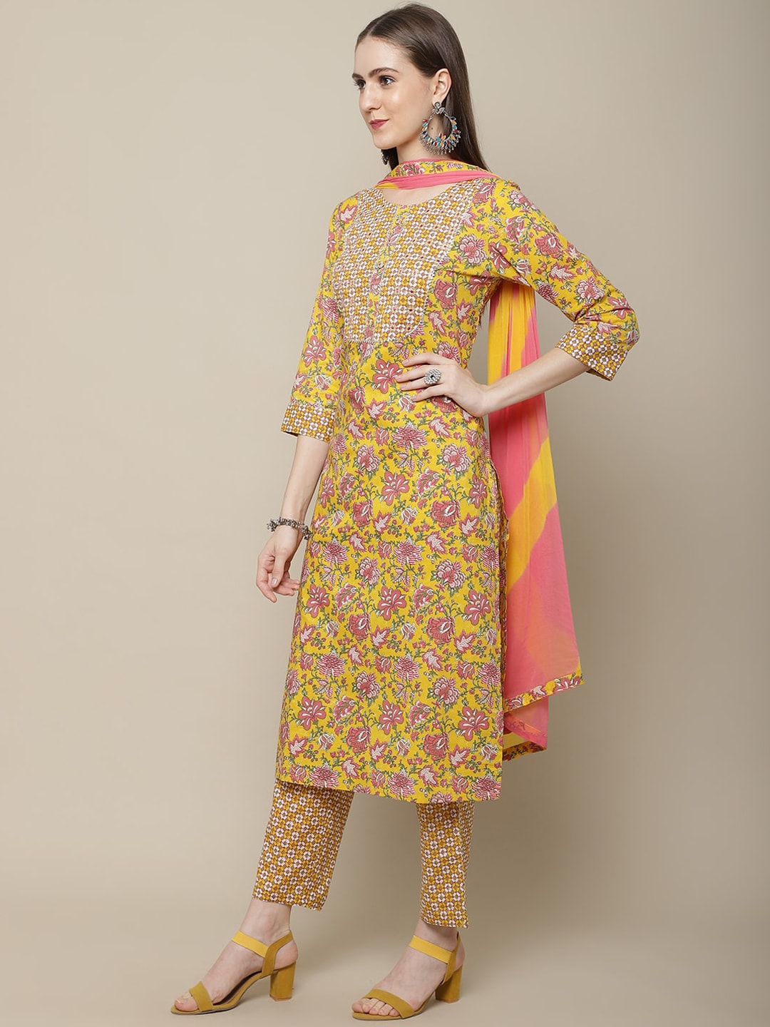 Sangria Women Yellow Printed Gotta Patti Pure Cotton Kurta with Trousers & Dupatta | Grocsy