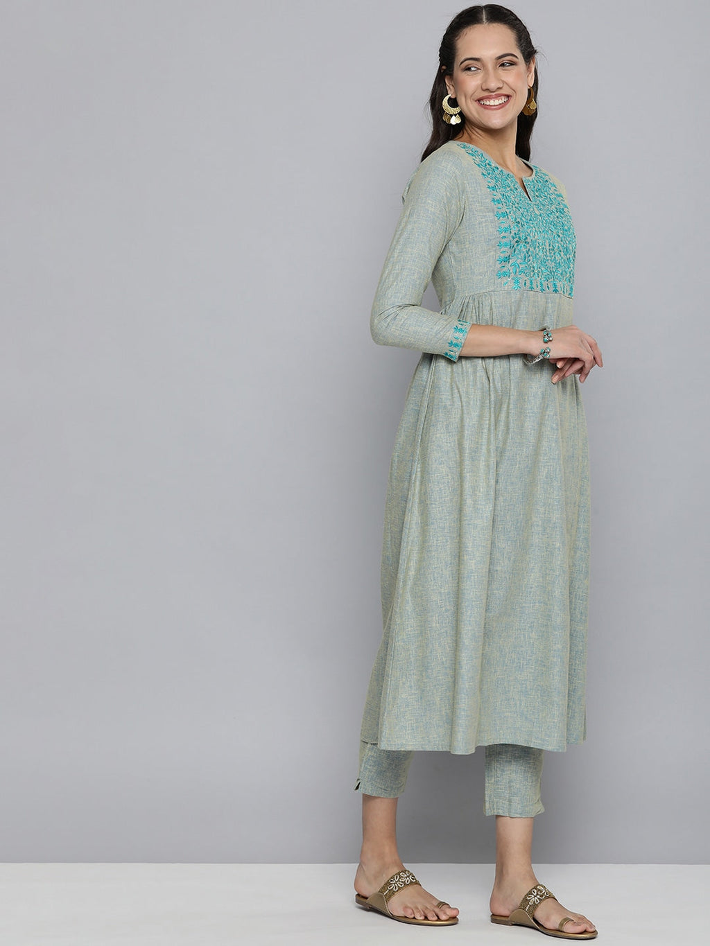 HERE&NOW Grey & Blue Embroidered Cotton Kurta with Trousers & With Dupatta | Grocsy