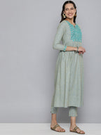 HERE&NOW Grey & Blue Embroidered Cotton Kurta with Trousers & With Dupatta | Grocsy